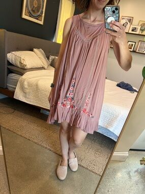 JODIFL Dusty Pink Embroidered Swing Mini Dress